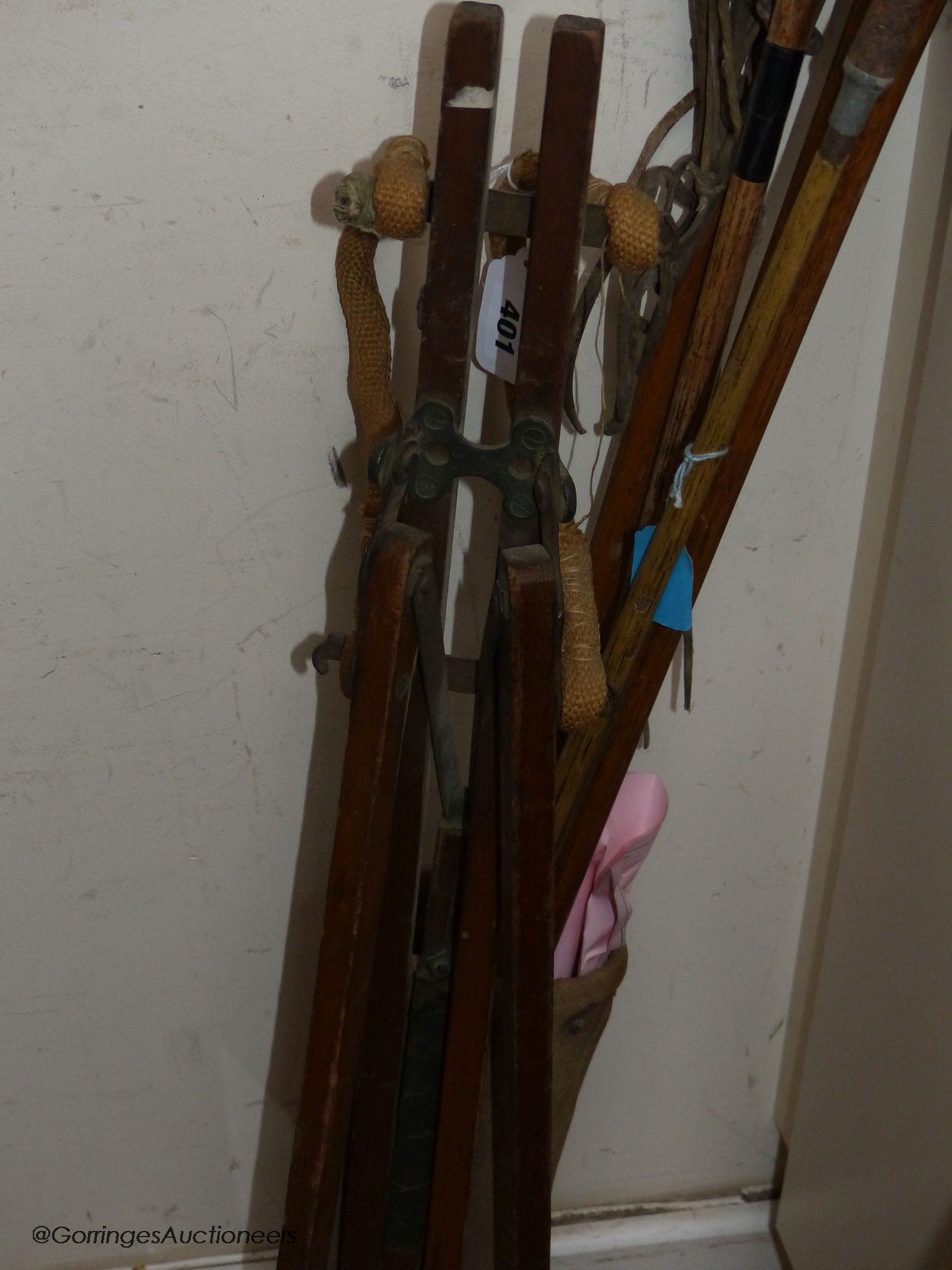 A collection of vintage golf clubs, three hickory shaft and golf bag with folding stand